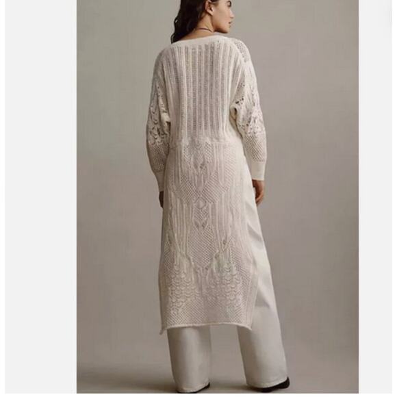 Anthropologie Open-Stitch Side-Slit Tunic Sweater Dress Duster Ivory M - Picture 3 of 11